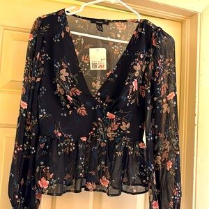 Forever 21 Women's Black/Pink Floral Sheer Long Sleeve Blouse